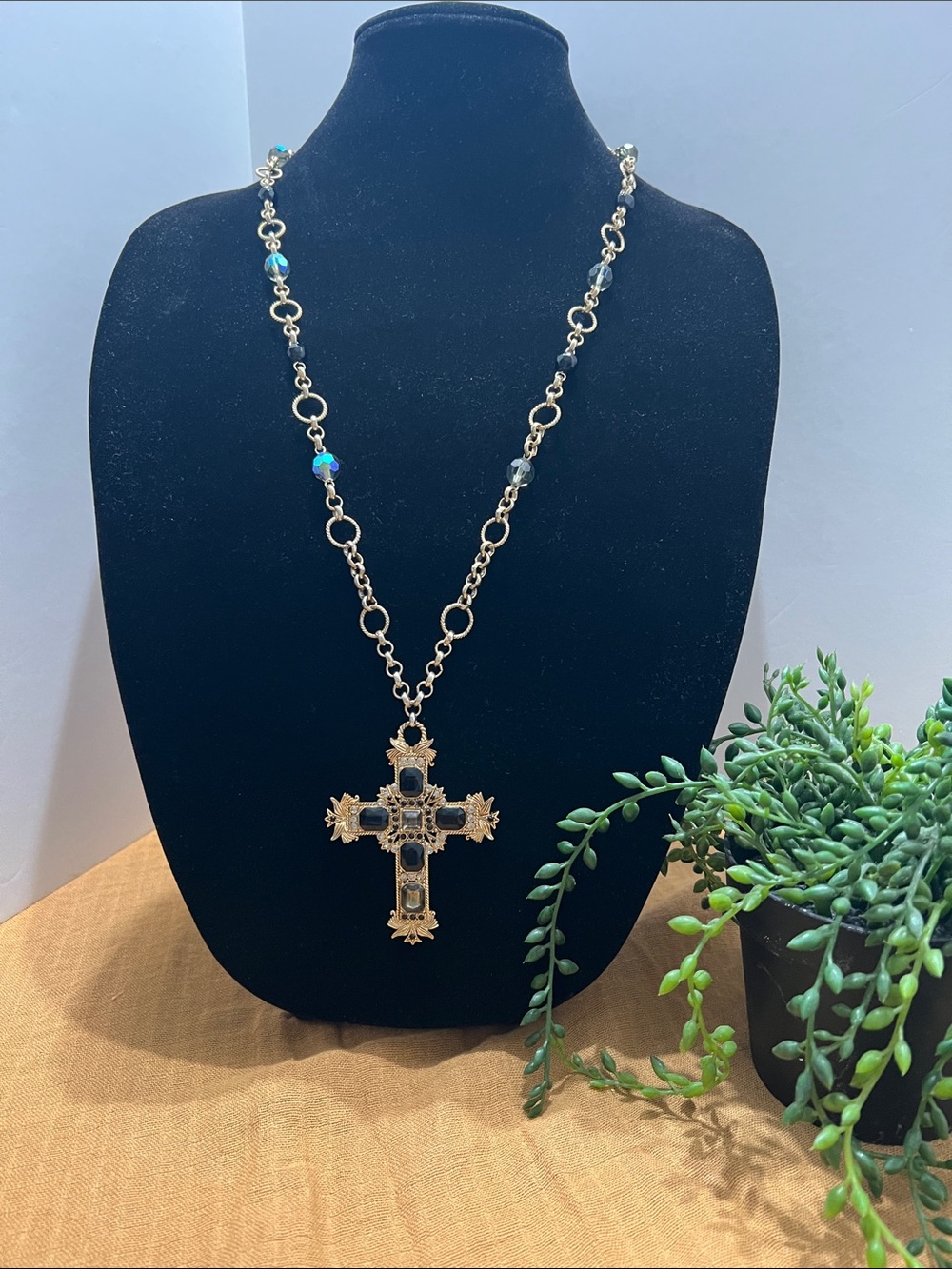 Vintage filigree gold tone Cross Pendant Necklace with Black faux Stones